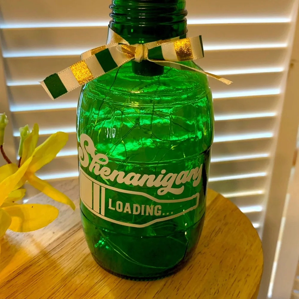 Hand Crafted- ‘Shenanigans Loading…’ green barrel solar lantern